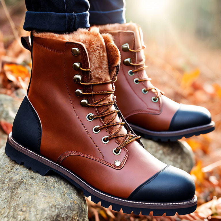 Brown Leather Boots with Fur Lining Over Blue Jeans on Autumn Background