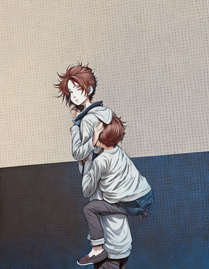 Two individuals in white hoodies and jeans against blue wall