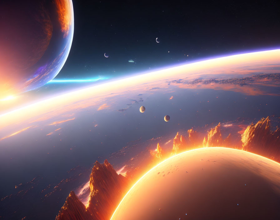 Sci-fi planetary horizon with glowing lava, moons, planet, and starry sky