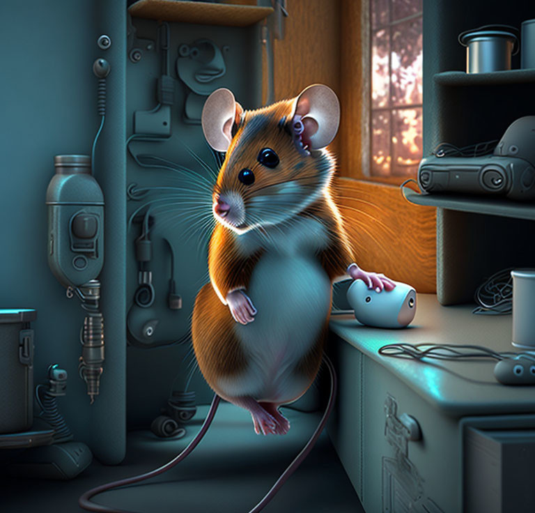 Cartoon mouse in cozy mechanical room with warm light.