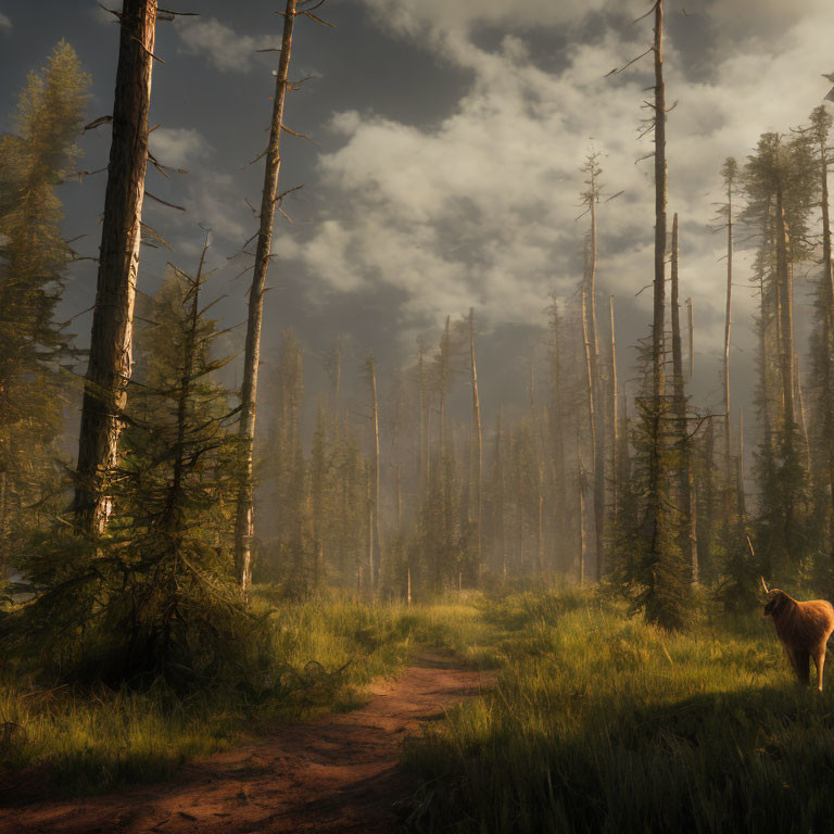 Tranquil forest landscape with tall trees and a deer