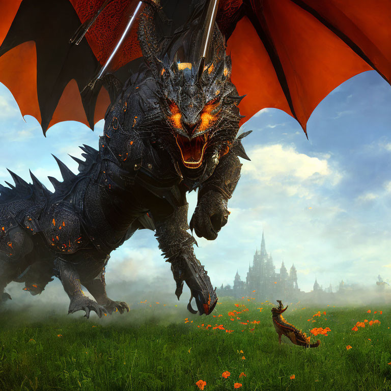 Black dragon with orange eyes in meadow with castle backdrop