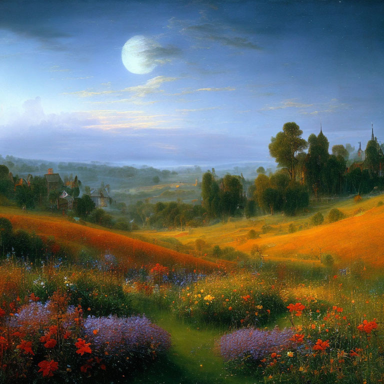 Tranquil landscape painting: Full moon, village, flowering fields, twilight sky