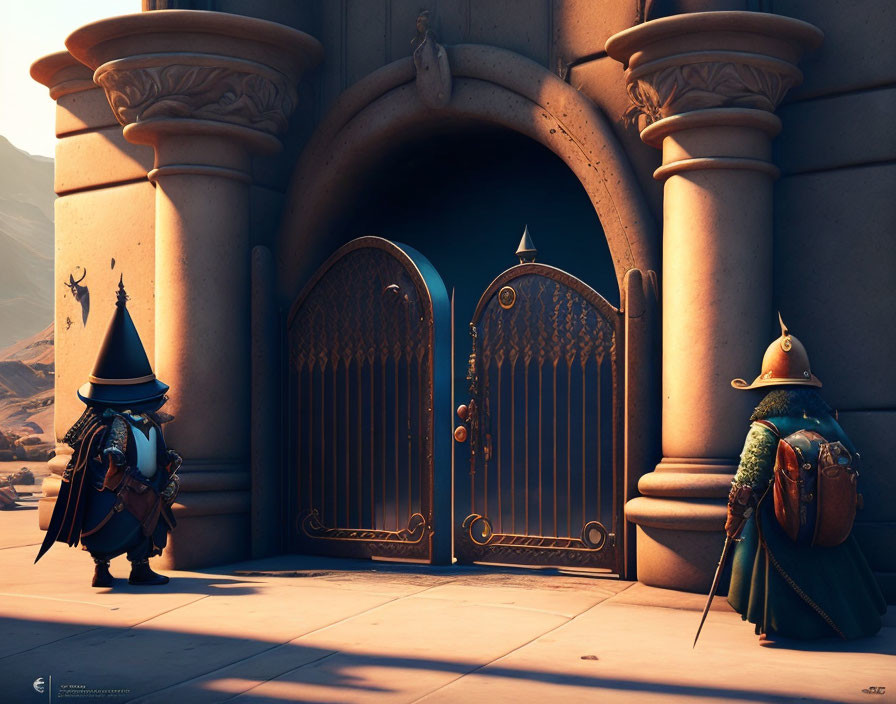 Stylized knights at ornate gate in sunlit archway