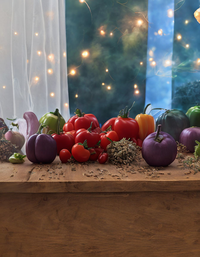 Fresh Tomatoes, Peppers, and Eggplants on Wooden Surface with Twinkling Light Background