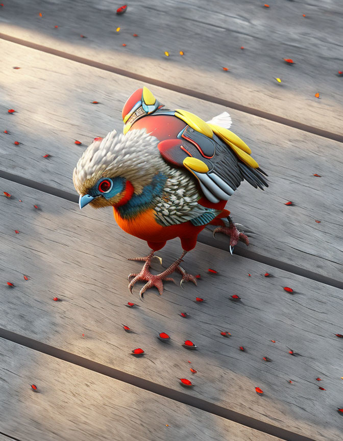 Colorful bird with mechanical parts on wooden surface with red petals