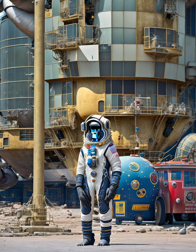 Detailed Spacesuit Astronaut with Futuristic Building and Blue Spherical Vehicle