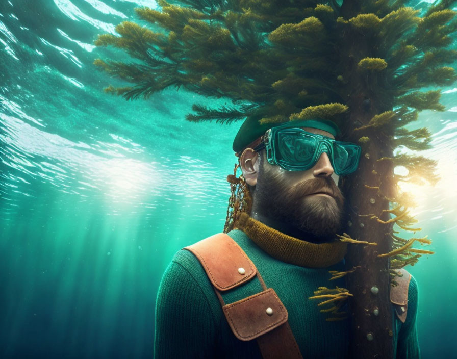 Bearded character in green sweater with diving goggles underwater next to sunlit kelp tree