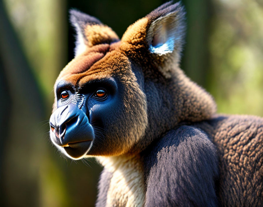 Colorful male mandrill with red and blue facial skin and golden-brown fur coat