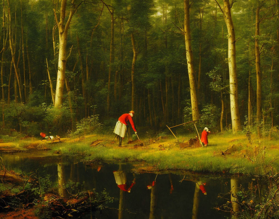 Tranquil woodland scene with figures in red cloaks by reflective pond