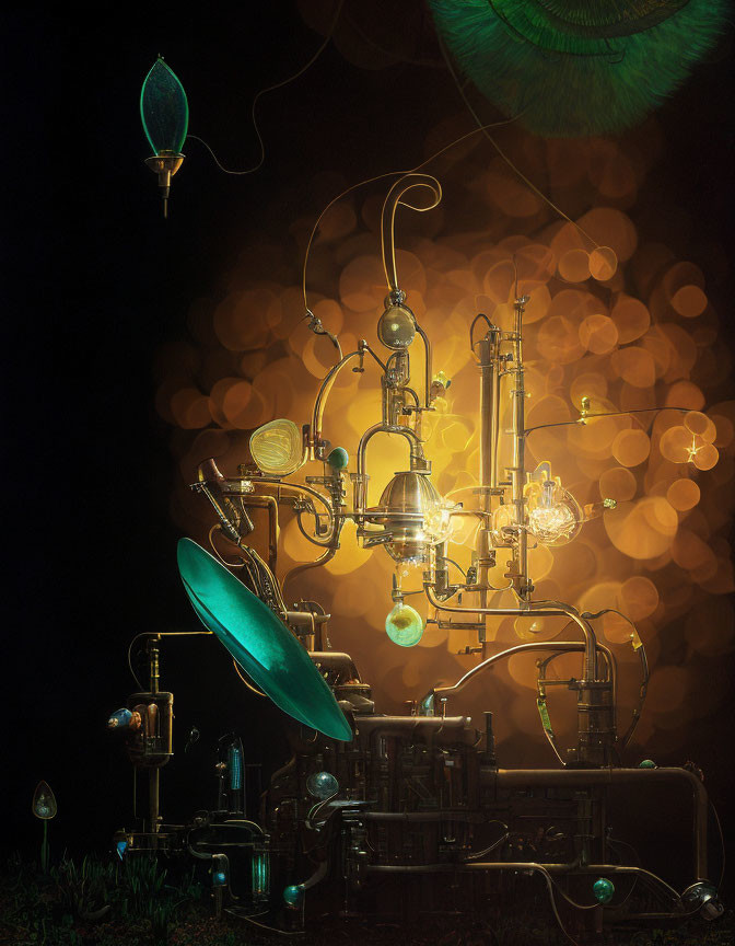 Steampunk apparatus with glowing bulbs and brass fittings on dark background.