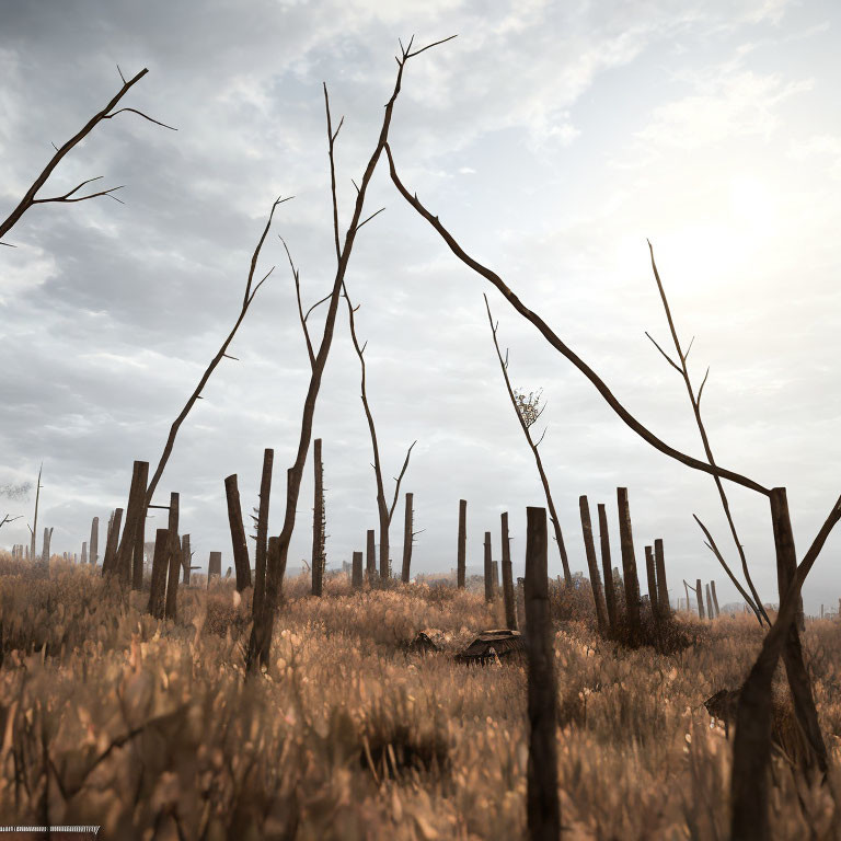 Barren tree trunks in golden grass under cloudy sky with city skyline.