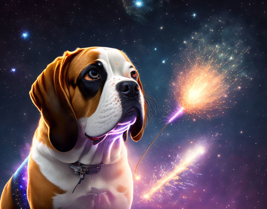 Beagle in space-themed illustration with glowing leash and cosmic light.