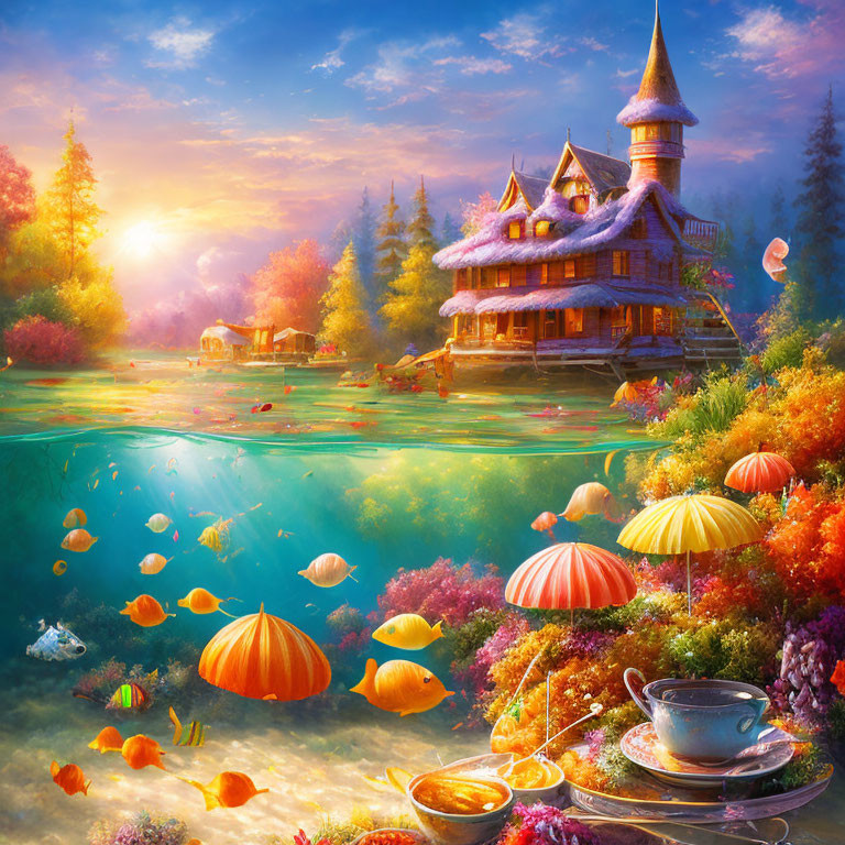 Fantasy Landscape with Whimsical Cottage, Pond, Underwater Life, and Lush Foli