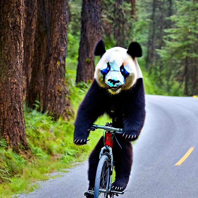 Panda Bear Riding Red Bicycle Through Forest Road