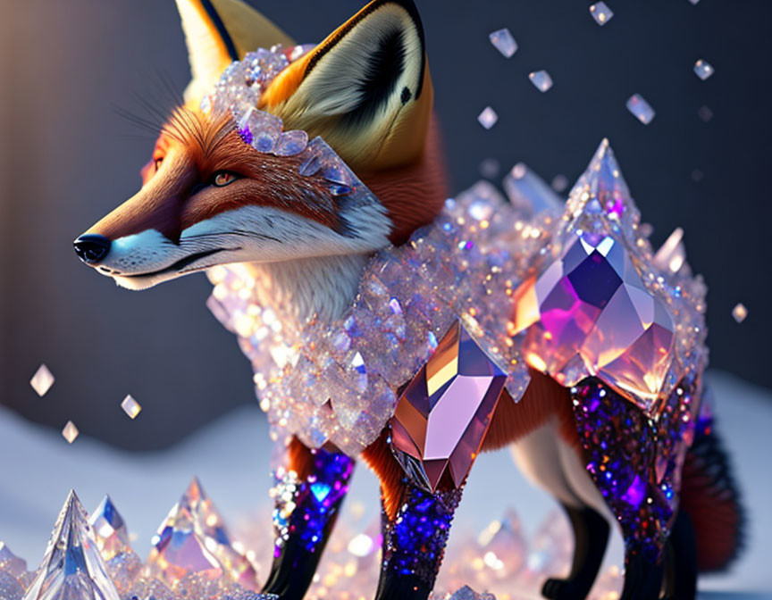 Crystal-covered fox in twilight with floating shards