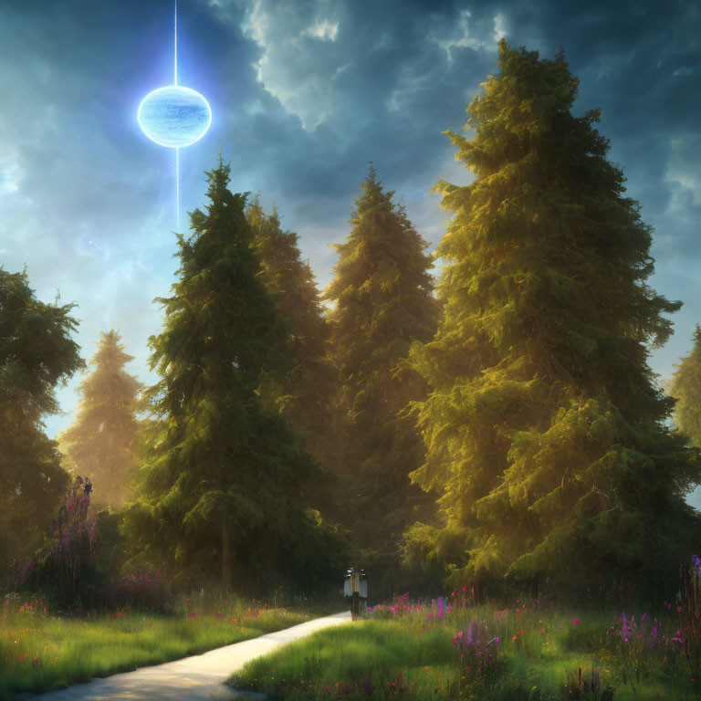 Couple walking on forest path under sun rays with futuristic blue light disc in sky