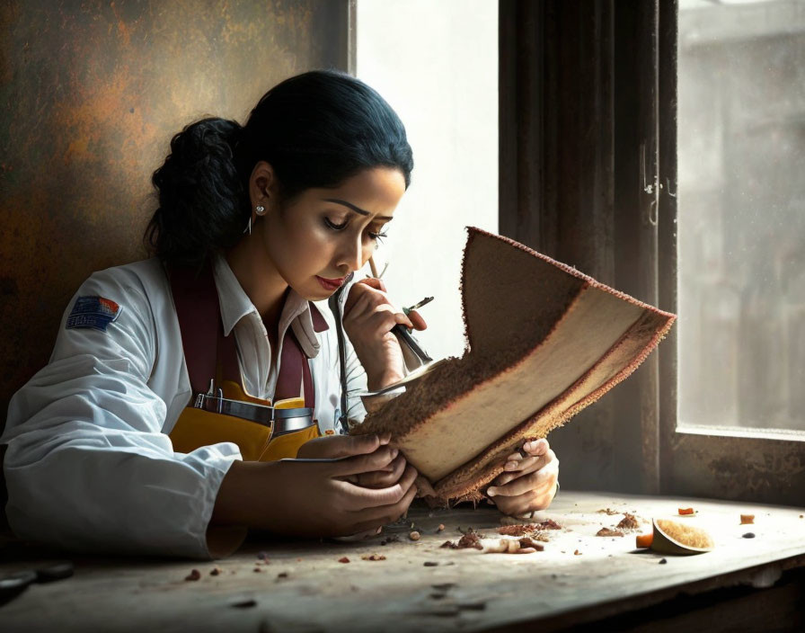 Woman carving wood with chisels in work attire under sunlight.