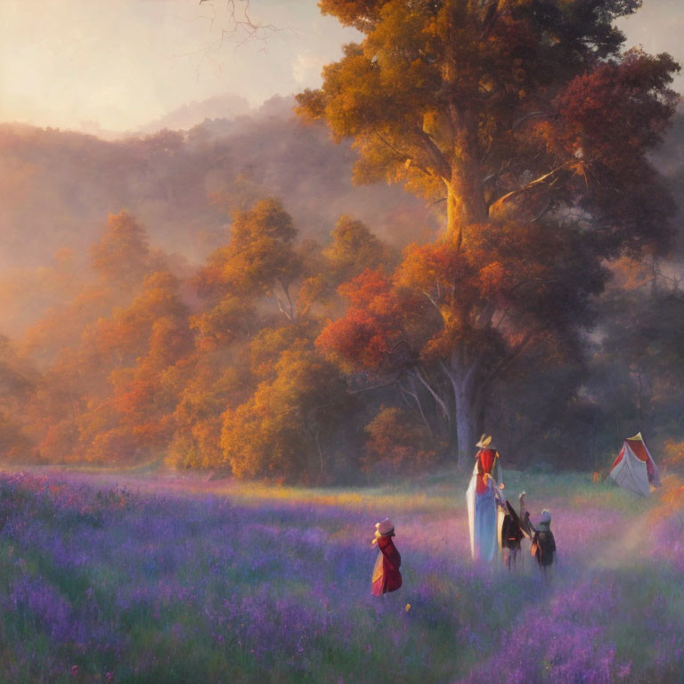 Tranquil sunset landscape with tall tree, vintage-clad figures in lavender field, and tent