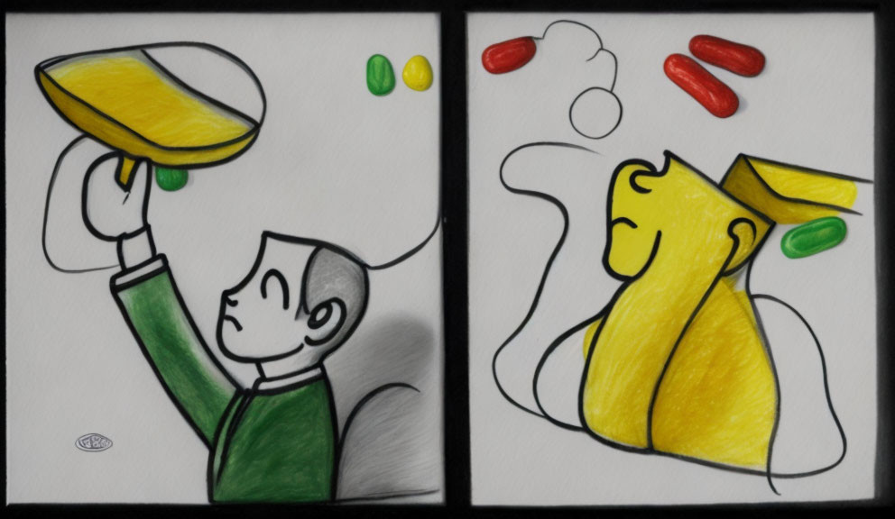 Colored pencil drawings of boy juggling candy and bear imagining juggling