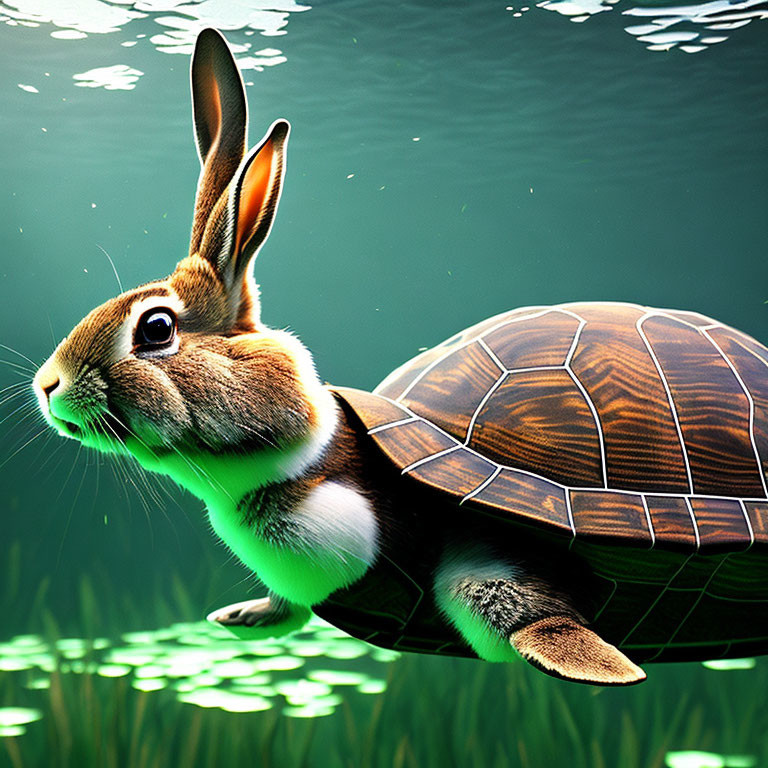 Digital art: Rabbit-turtle hybrid swimming in green aquatic plants