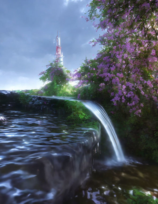 Verdant cliff waterfall with purple flowers and white tower in enchanted landscape