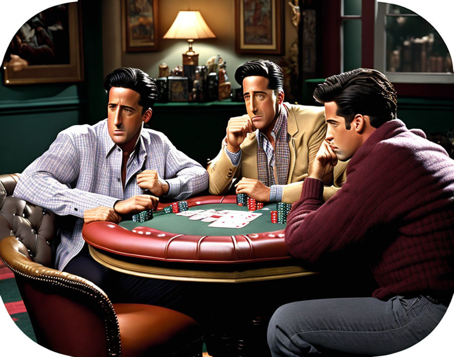 Vintage-style room with three men in tense poker game on green walls and red table