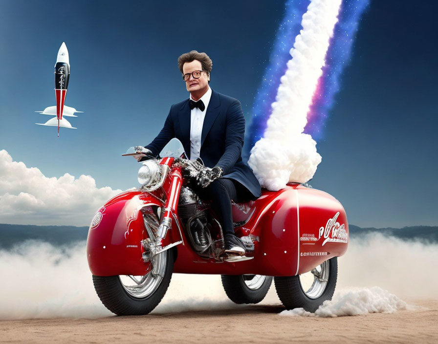 Person in Glasses Riding Vintage Motorbike with Rocket-Like Exhaust and Rocket in Sky