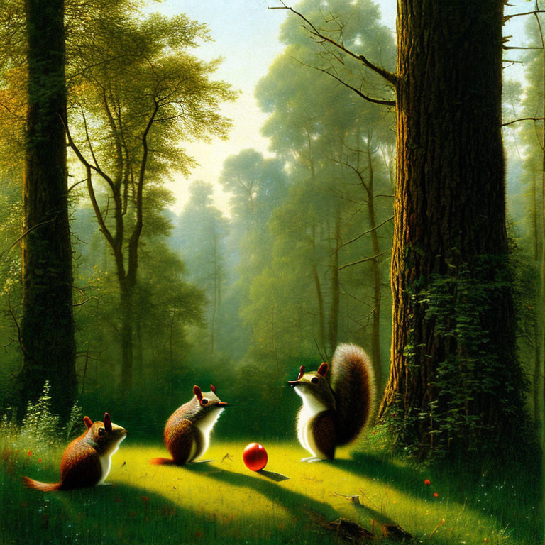 Tranquil forest scene with three squirrels and a red apple