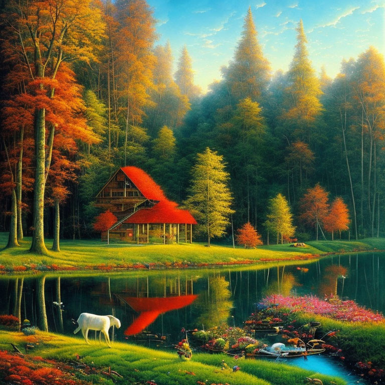 Autumn lake scene with cabin, horse, and vibrant trees