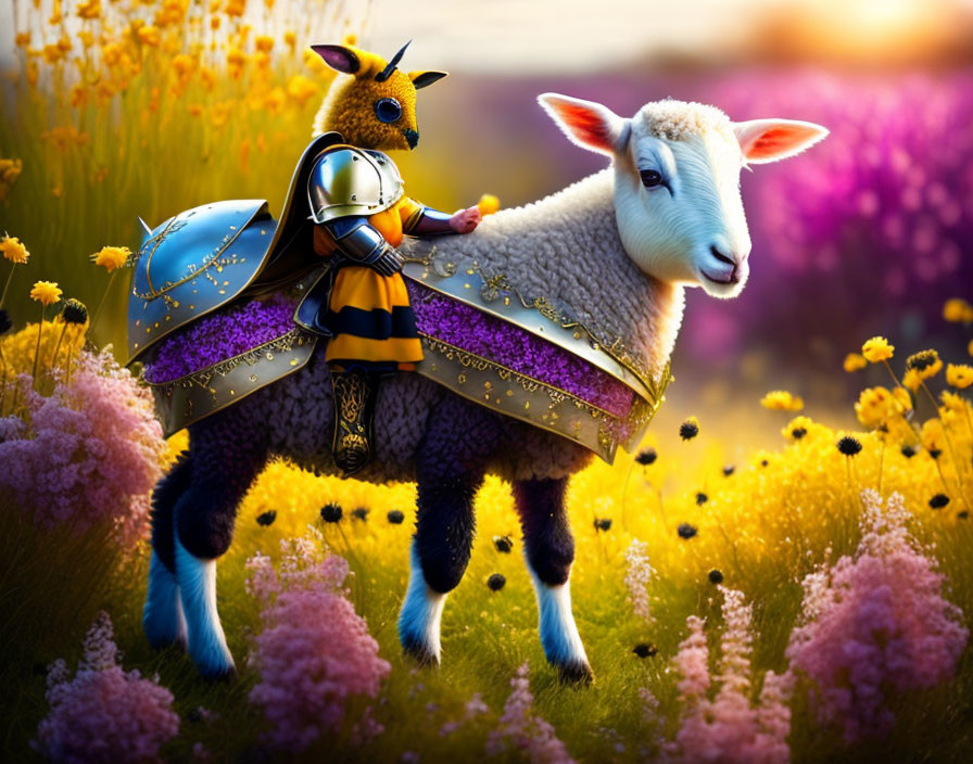 Composite image of lamb in knight's armor in flower-filled field at sunset