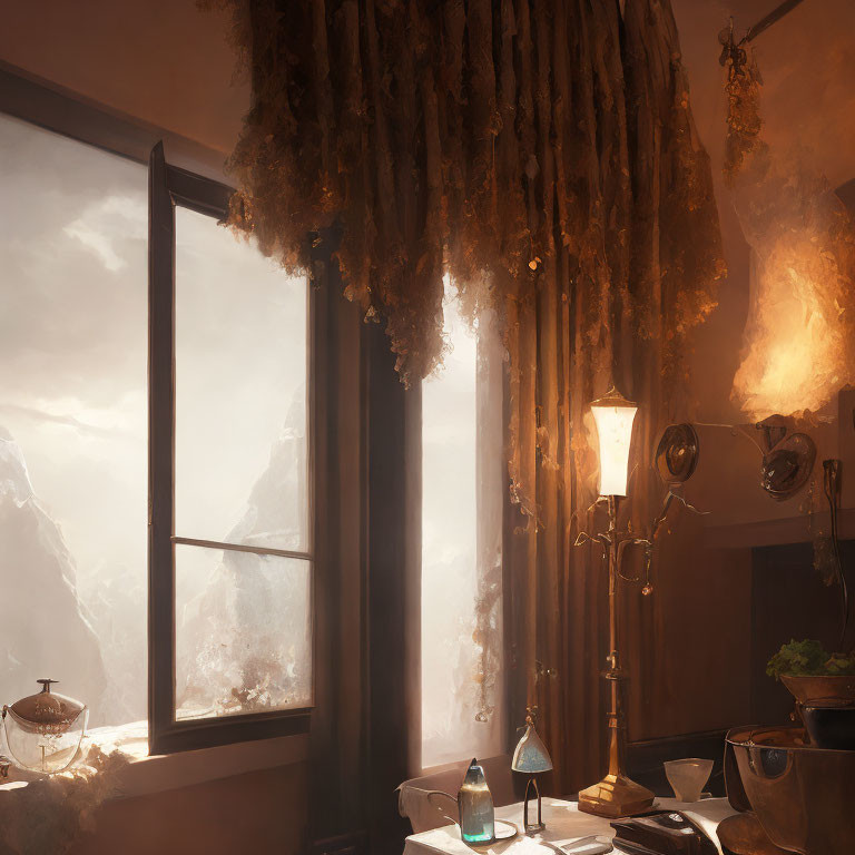 Cozy room with snowy mountain view, lamp, bottles, dried plants