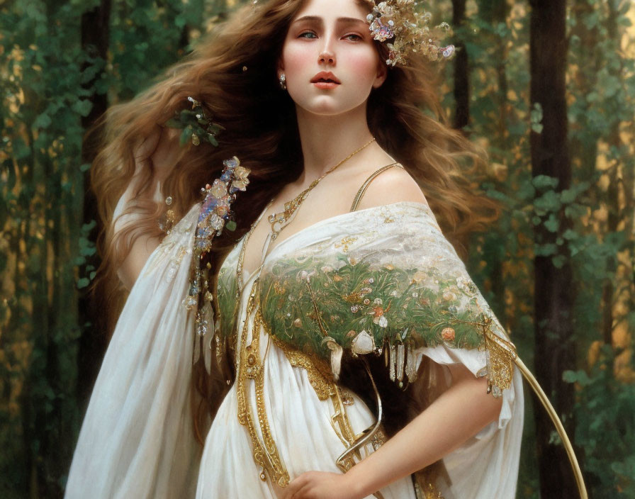 Woman with Long Flowing Hair in Floral Gown Against Wooded Background