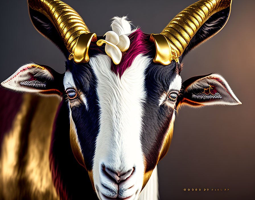 Digitally modified image of a goat with golden twisted horns and multicolored fur