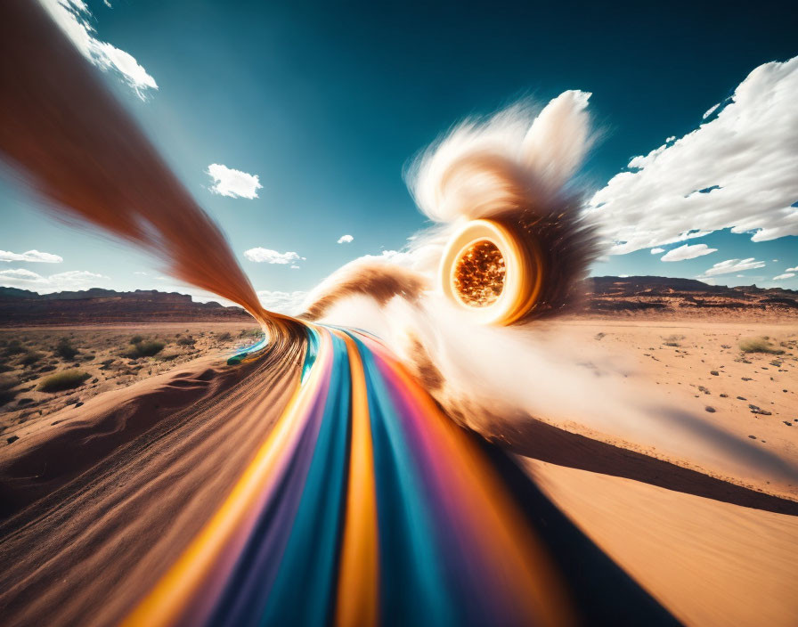 Surreal desert road transforms into flowing ribbons under blue sky