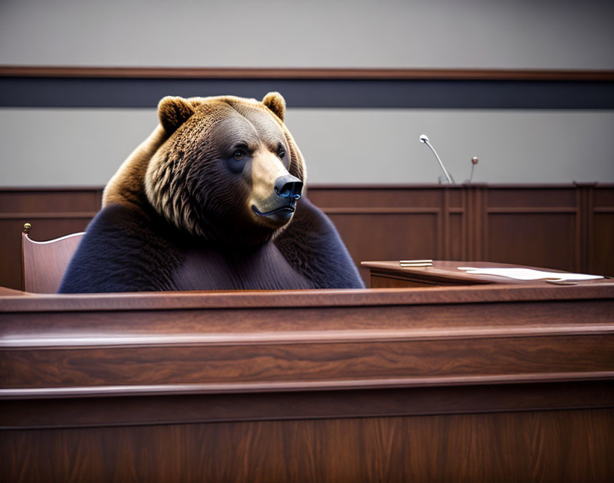 Brown bear seated at courtroom witness stand with microphone, wood-paneled walls