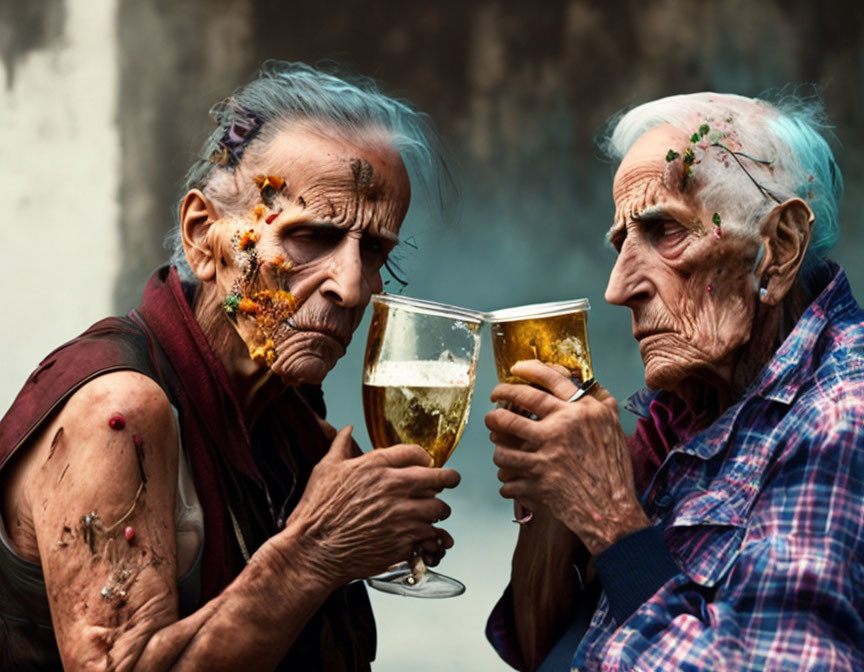 Elderly individuals in zombie makeup toasting with beer glasses