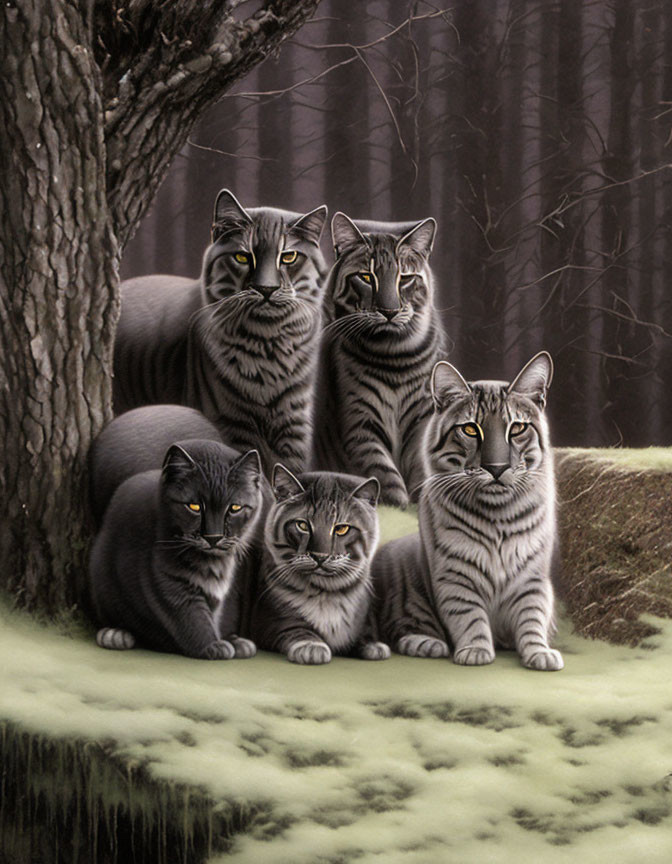 Five Grey Tabby Cats with Striking Yellow Eyes in Forest Setting