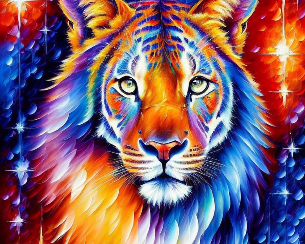 Colorful Tiger Face Painting with Blue, Orange, and Purple Hues