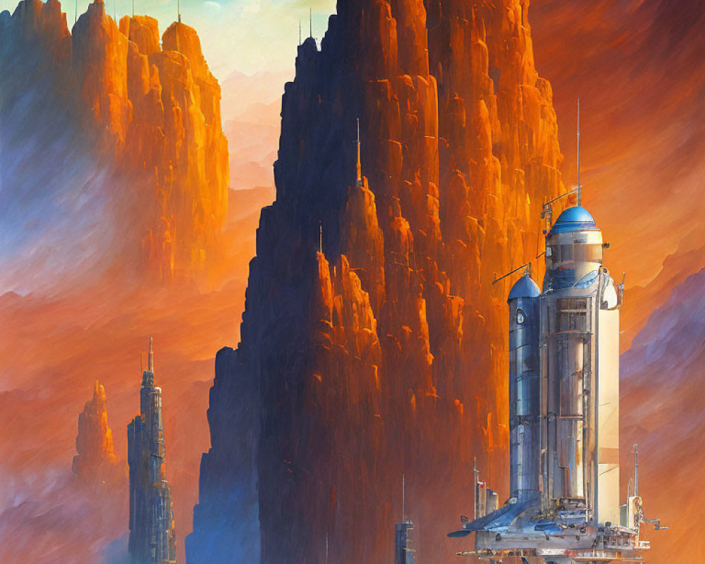 Futuristic buildings on Martian terrain with rocky cliffs and orange sky