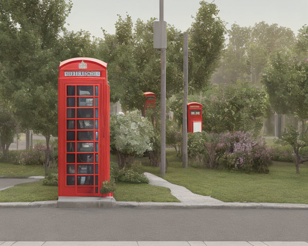 Iconic red telephone booth and post box on peaceful street corner