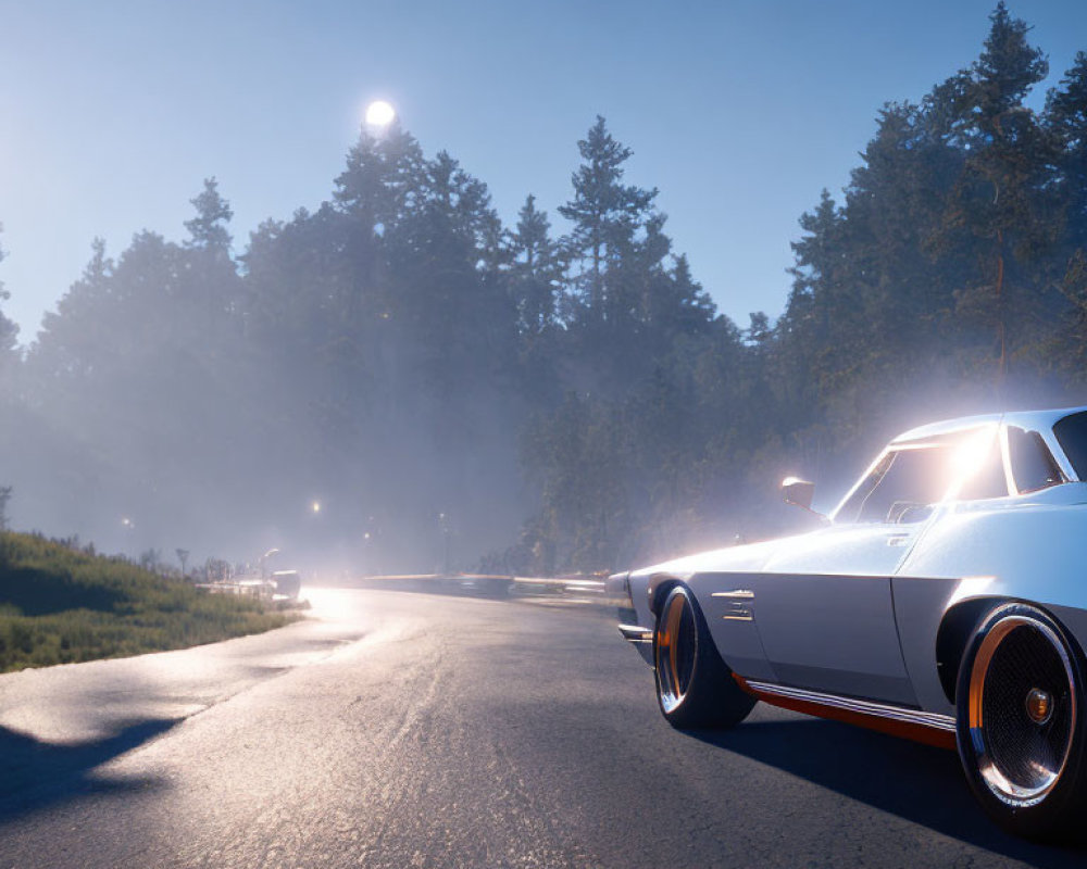 Vintage muscle car in serene forest setting with mist and low sun: A tranquil morning scene