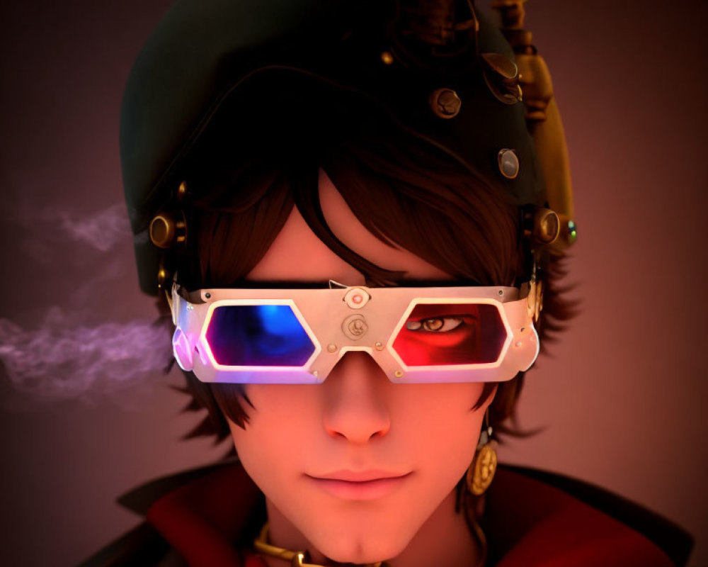 Futuristic 3D character with military cap and glasses on dark background