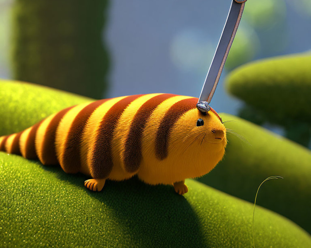 Colorful animated caterpillar with samurai sword on green leaf