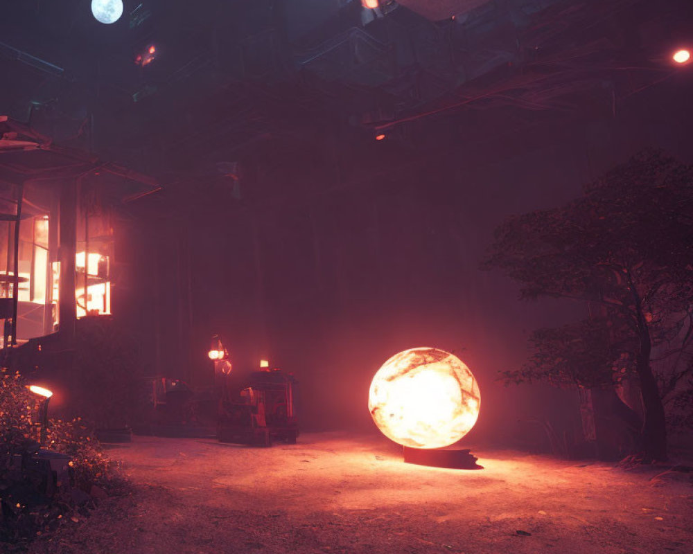 Moody industrial scene with illuminated spherical object and night ambiance