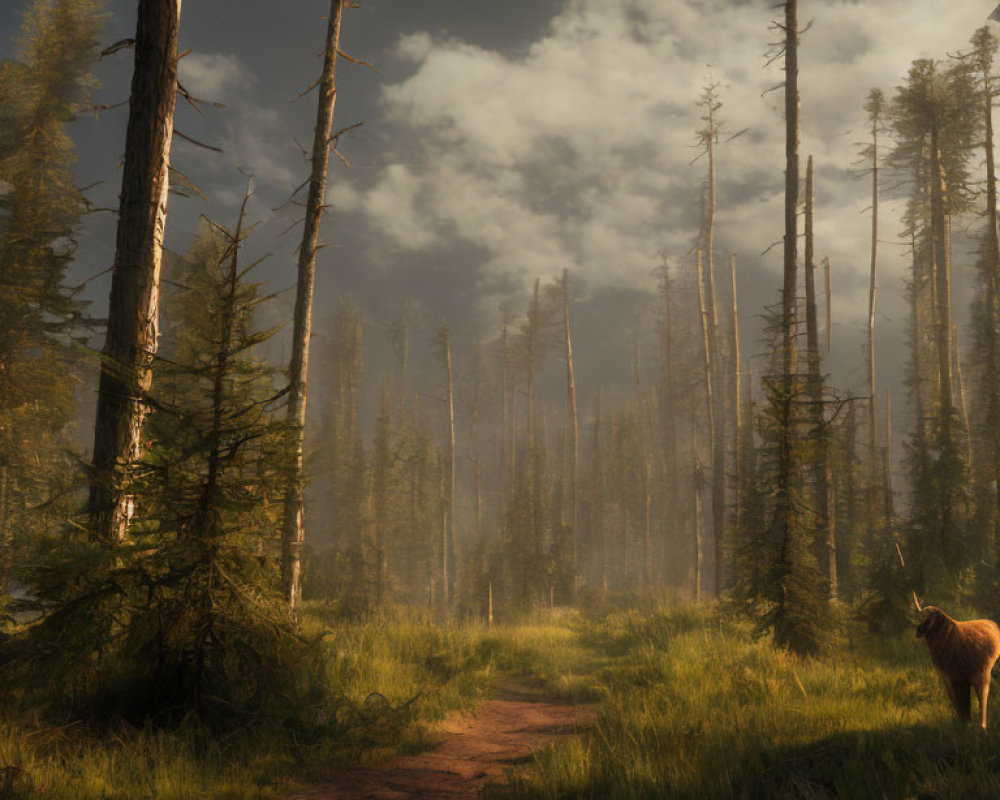 Tranquil forest landscape with tall trees and a deer