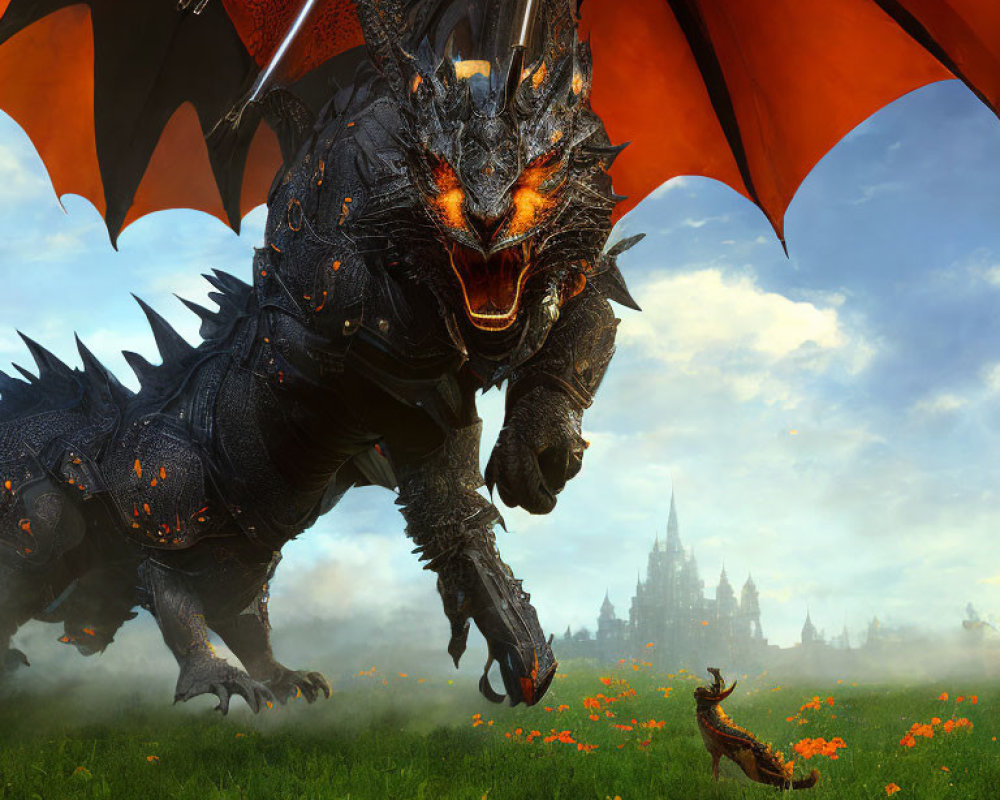 Black dragon with orange eyes in meadow with castle backdrop