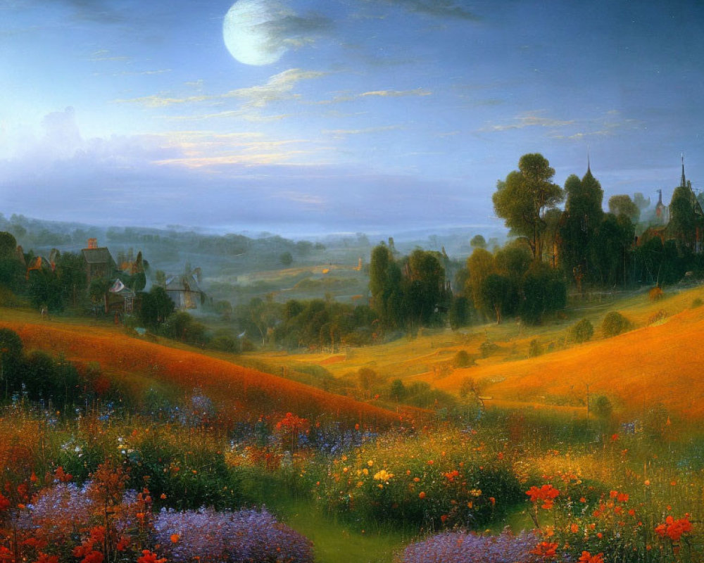 Tranquil landscape painting: Full moon, village, flowering fields, twilight sky