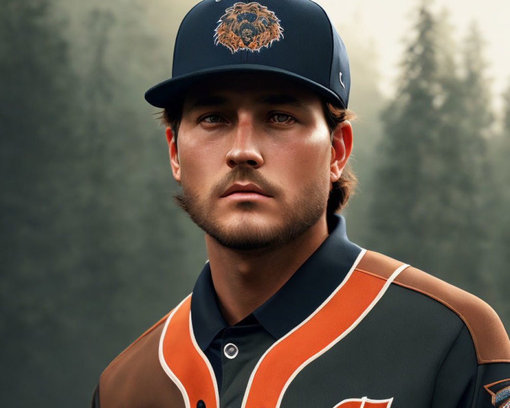 Man with stubble in baseball cap and jersey outdoors with blurred forest background