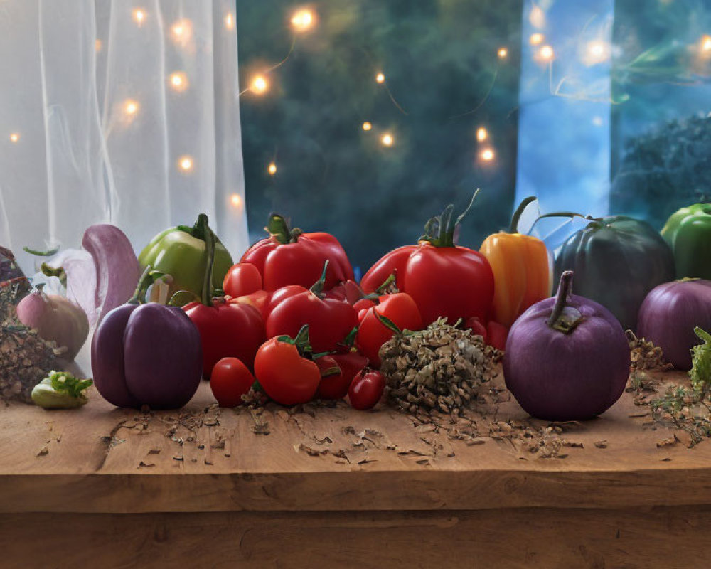 Fresh Tomatoes, Peppers, and Eggplants on Wooden Surface with Twinkling Light Background